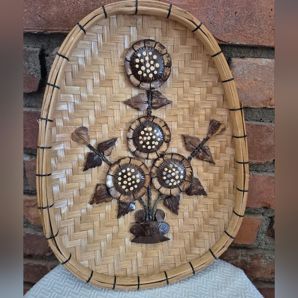 Vintage Handmade Floral Wicker And Coconut Shell Basket Wall Hanging - Picture 5 of 9